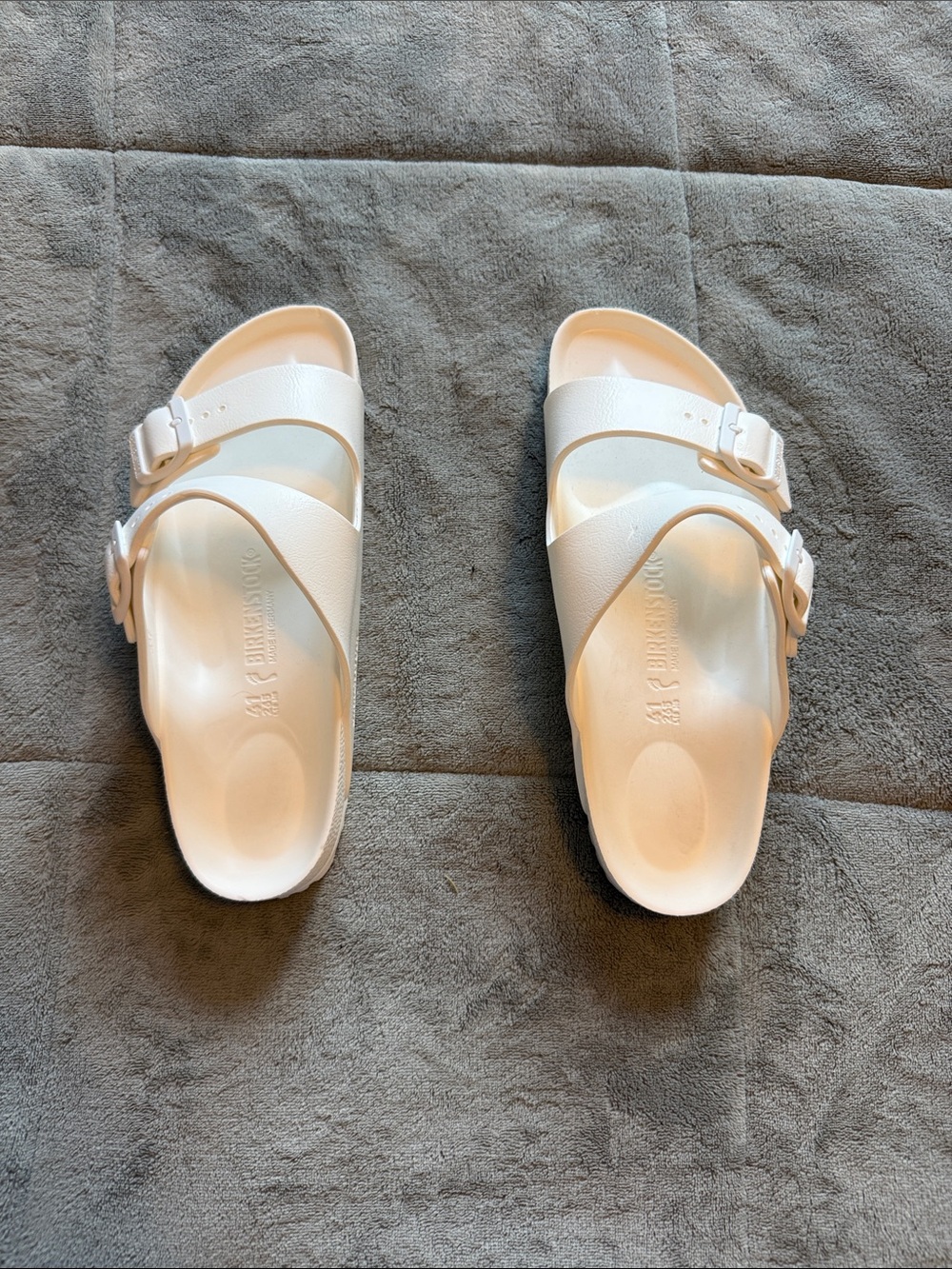 Birkenstock White Two-Strap Slide Sandals with Buckles